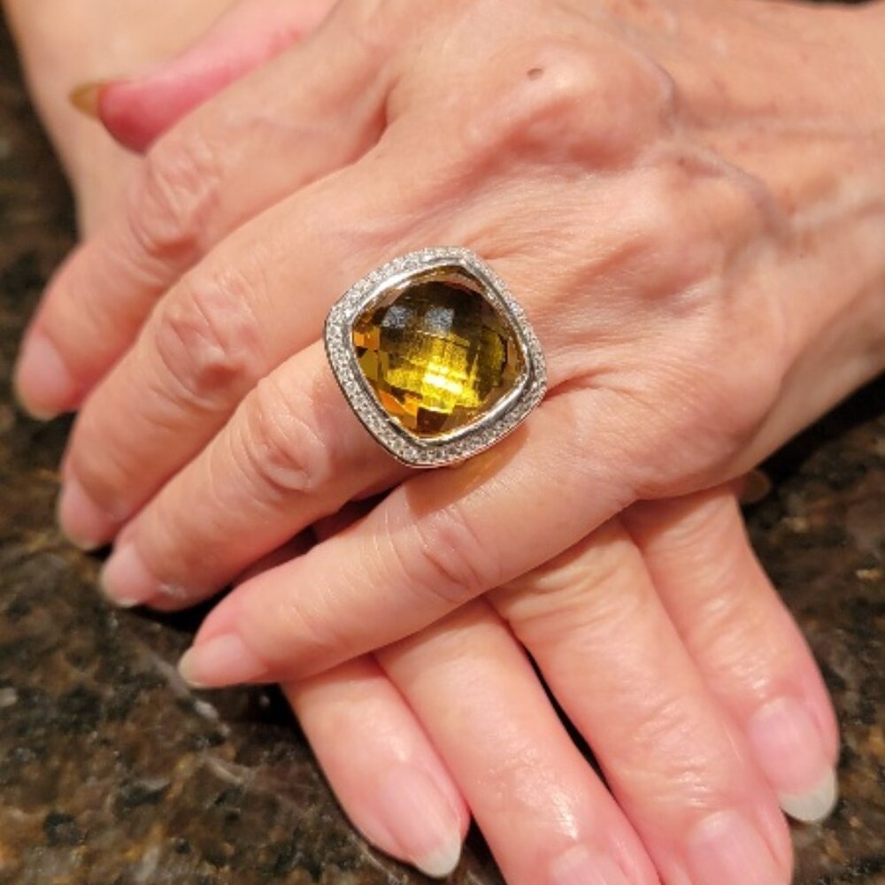David Yurman S/S & Diamonds 17mm Lemon Citrine ALBION Ring Sz 9
